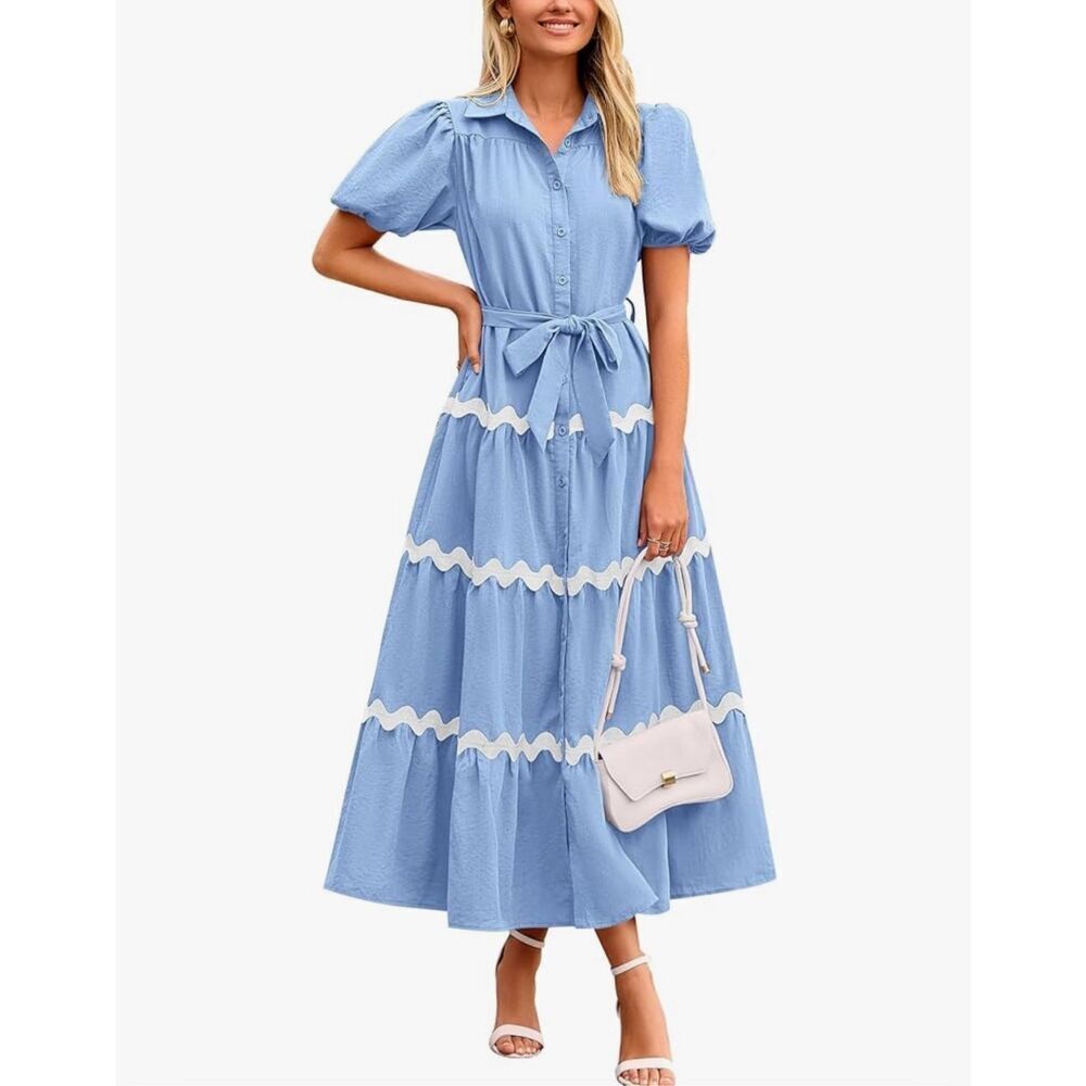 Light Blue Tiered Button-Front Maxi Dress with Waist Tie